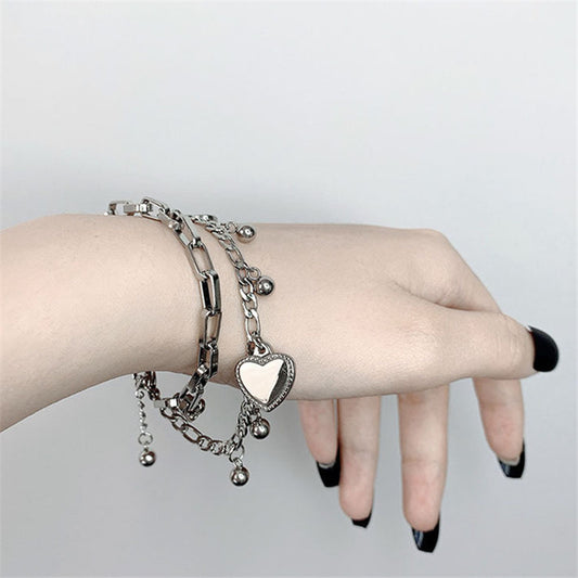 Stainless Steel Double Layer Love Punk Style Silver Color Bracelet Party Ornament Hand Decoration For Women