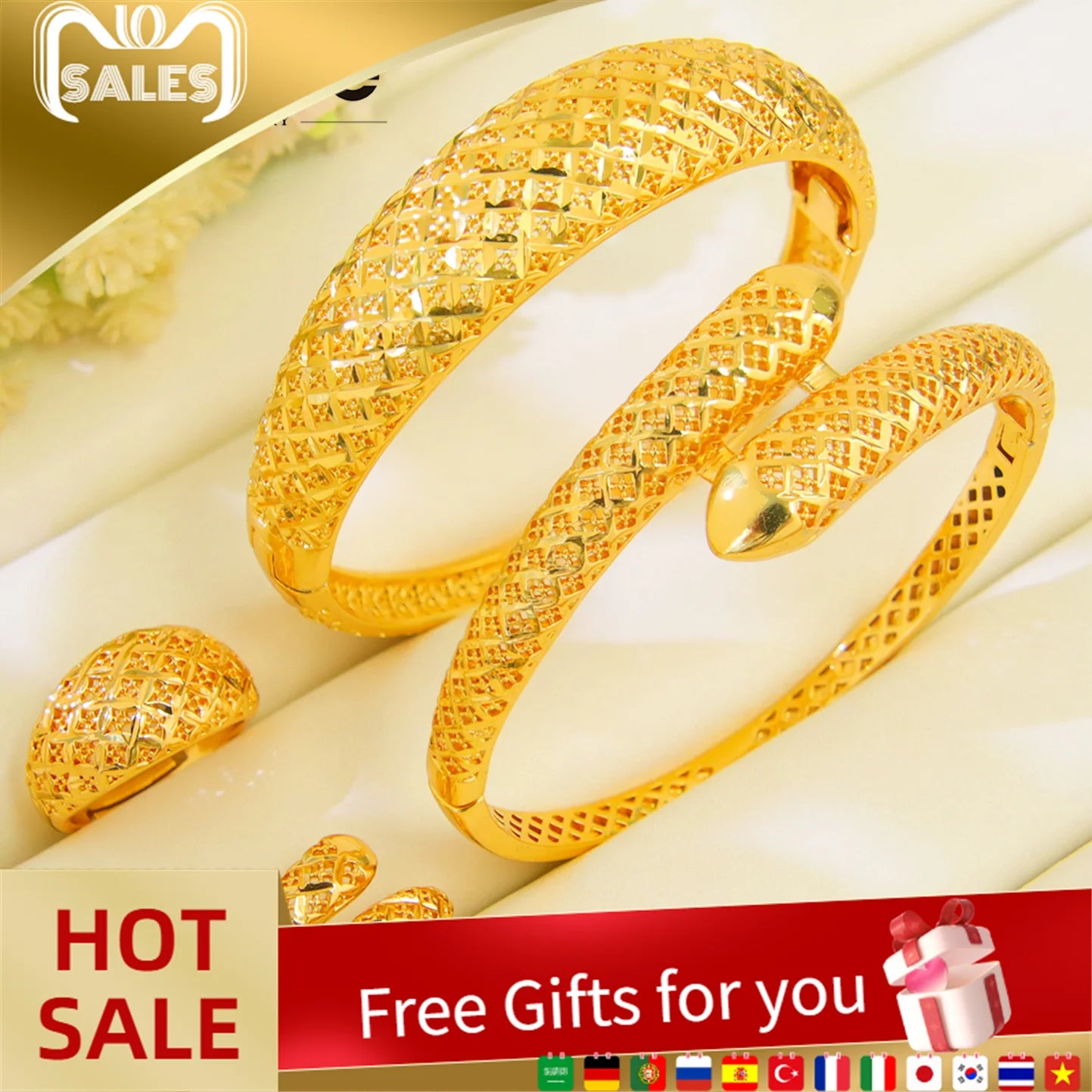 Bijoux de mariage nigérians Ensemble de bracelets et bagues Plaqué or 21 carats Bracelet et bagues turques classiques vintage Bijoux pour femmes à Dubaï pour tous les jours et les fêtes