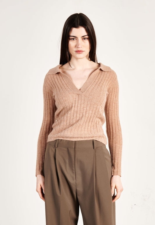Polo manches longues femme en cachemire camel - HANA 11